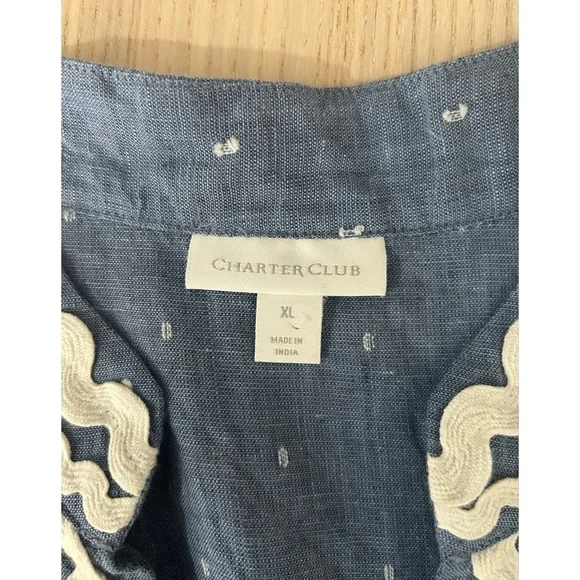 Charter Club Women’s Ric-Rac-Trim Linen Tunic Top Blue White Sleeveless Size XL - Picture 5 of 7